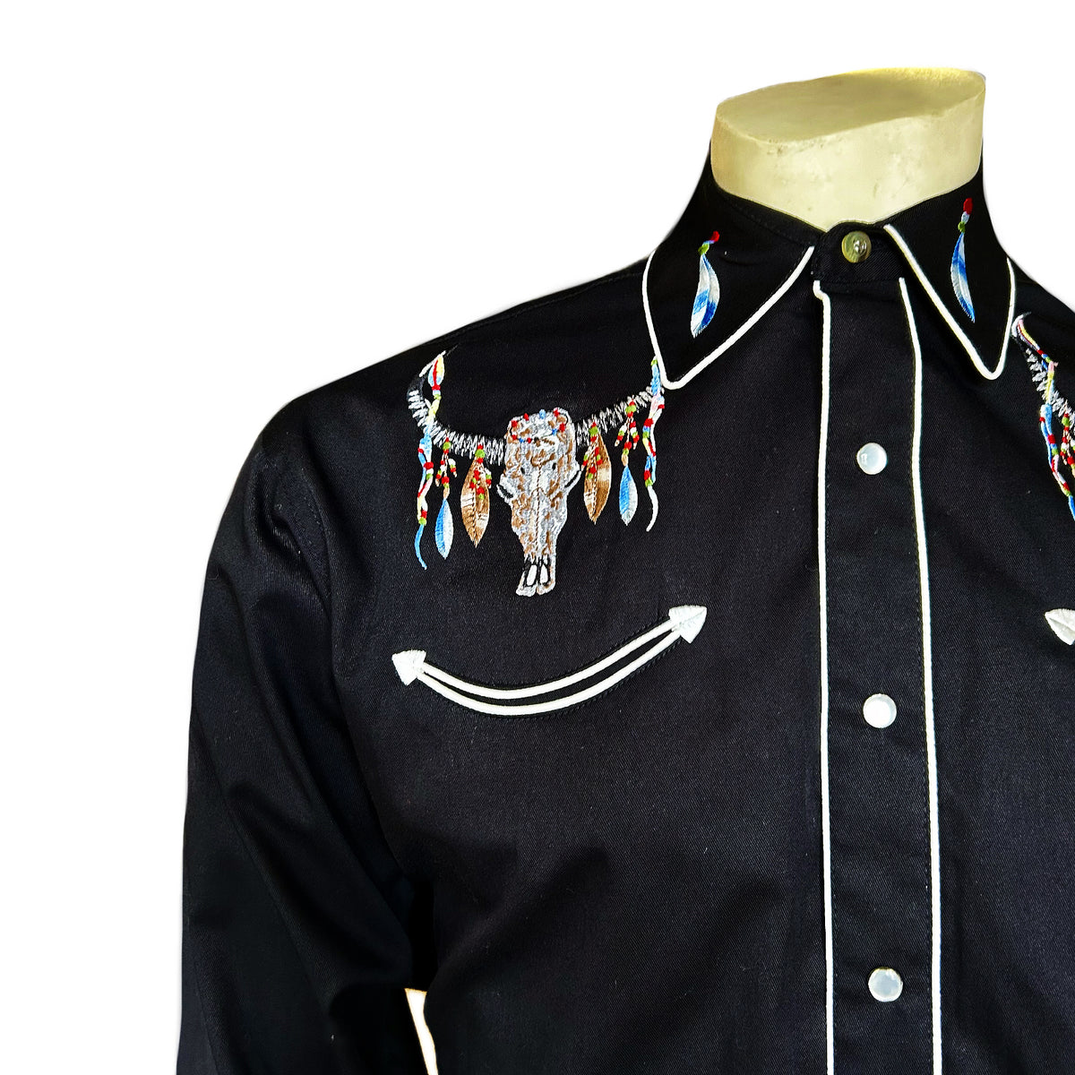 Men's Black Steer Skulls with Feathers Embroidered Western Shirt by Rockmount Ranch Wear, vintage fringe