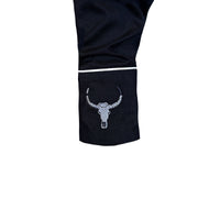Men's Black Steer Skulls with Feathers Embroidered Western Shirt by Rockmount Ranch Wear, vintage fringe