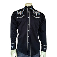 Men's Black Steer Skulls with Feathers Embroidered Western Shirt by Rockmount Ranch Wear, vintage western shirt