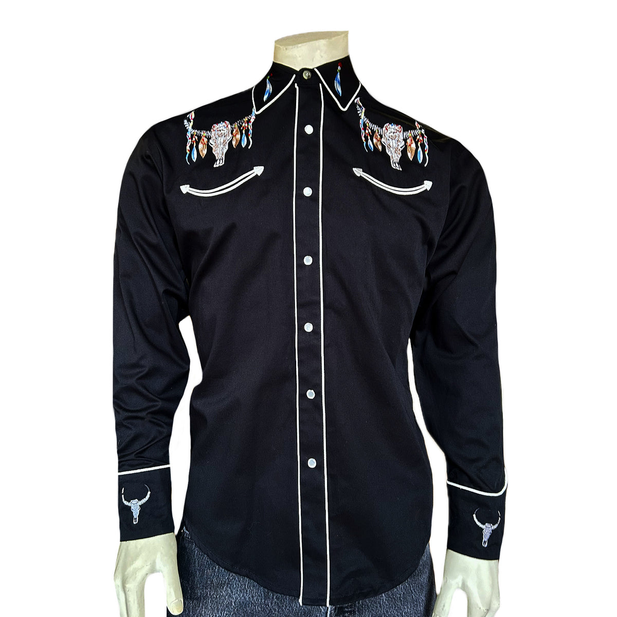 Men's Black Steer Skulls with Feathers Embroidered Western Shirt by Rockmount Ranch Wear, vintage western shirt
