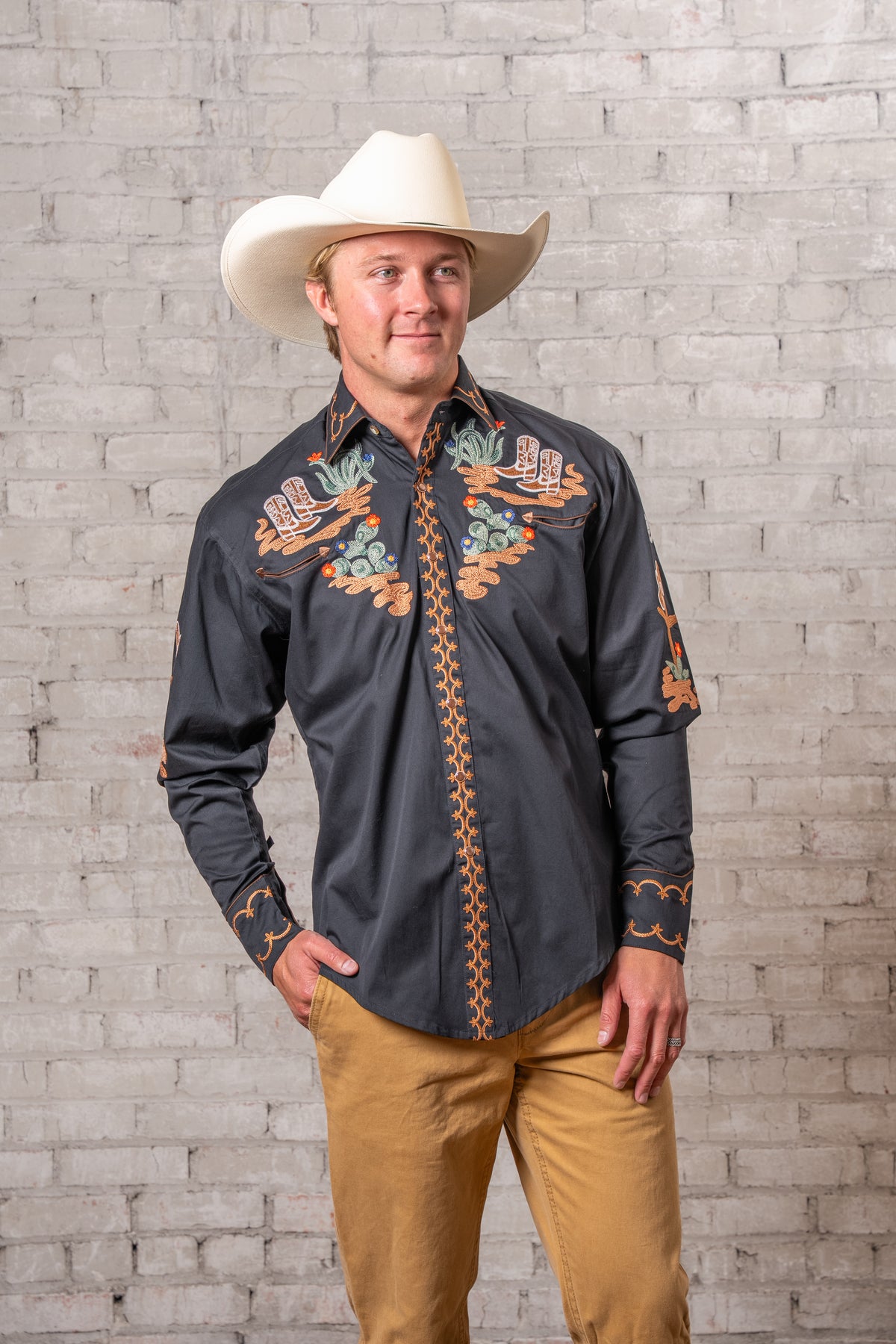 Men's Black Cactus and Cowboy Boots Embroidered Western Shirt by Rockmount Ranch Wear, vintage embroidered floral snap