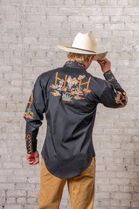 Men's Black Cactus Cowboy Boots Embroidered Western Shirt by Rockmount Ranch Wear with cactus fringe embroidery