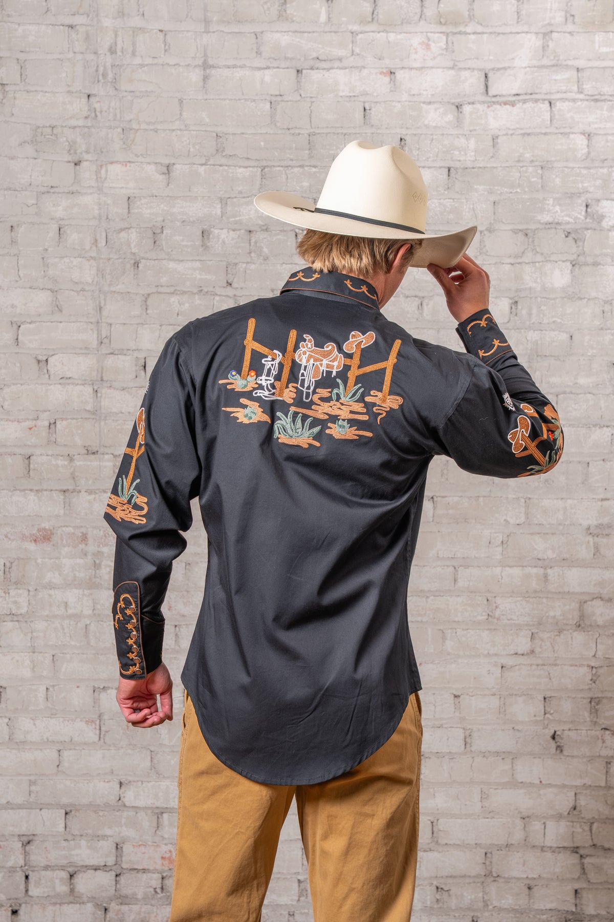 Men's Black Cactus Cowboy Boots Embroidered Western Shirt by Rockmount Ranch Wear with cactus fringe embroidery