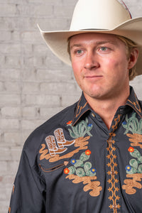 Men's Black Cactus and Cowboy Boots Embroidered Western Shirt by Rockmount Ranch Wear, vintage western wear