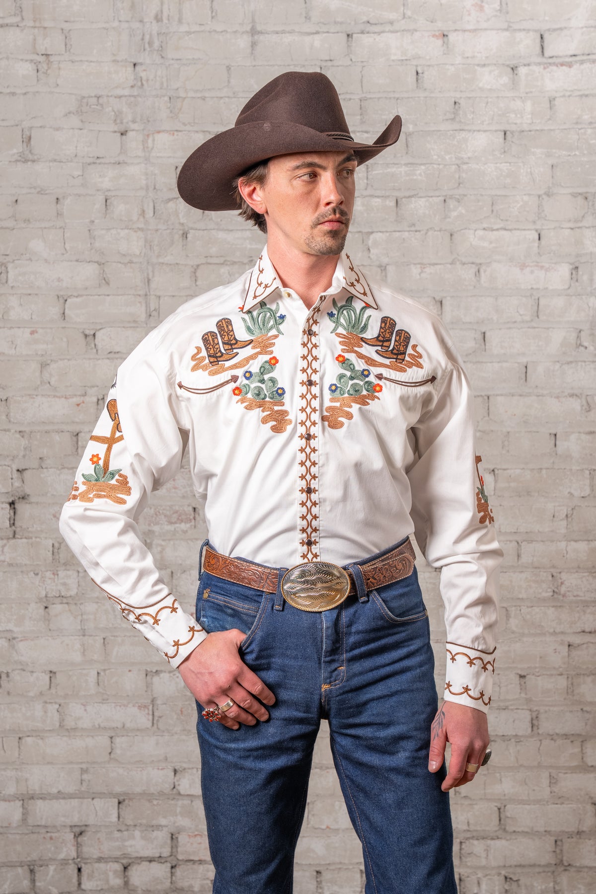 Men's Cactus and Cowboy Boots Embroidered Western Shirt in ivory by Rockmount Ranch Wear, vintage fringe