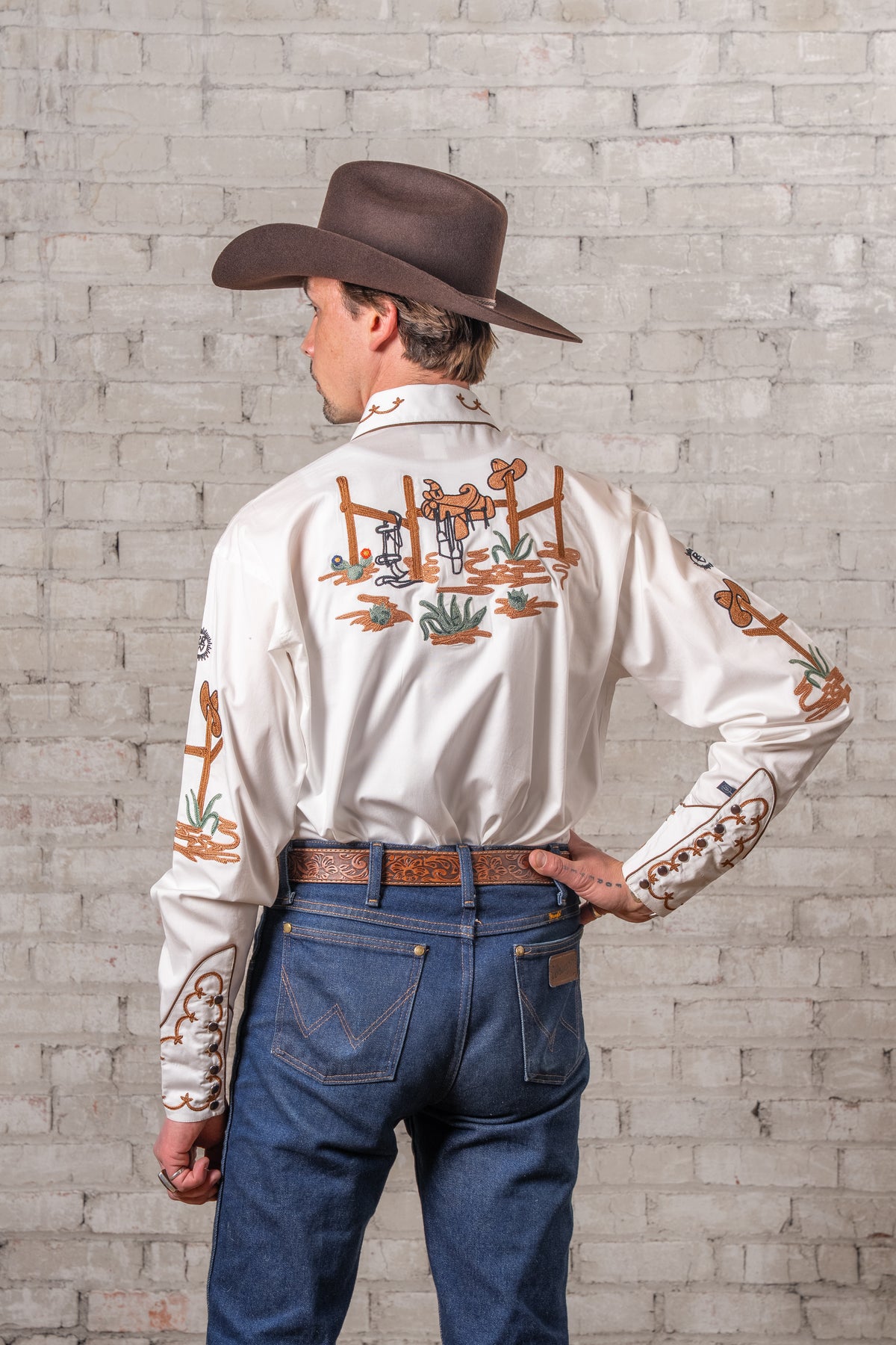 Men's Cactus and Cowboy Boots Embroidered Western Shirt in ivory by Rockmount Ranch Wear, embroidered western shirt