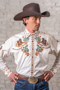 Men's Cactus Cowboy Boots Embroidered Western Shirt in ivory by Rockmount Ranch Wear with floral fringe