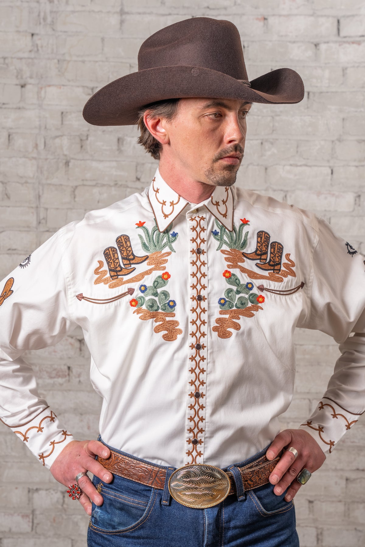 Men's Cactus Cowboy Boots Embroidered Western Shirt in ivory by Rockmount Ranch Wear with floral fringe