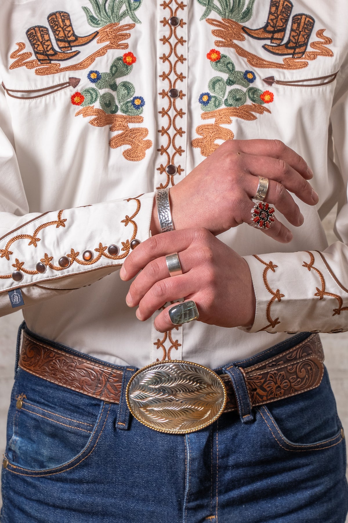 Men's Cactus Cowboy Boots Embroidered Western Shirt in ivory by Rockmount Ranch Wear with fringe floral embroidery