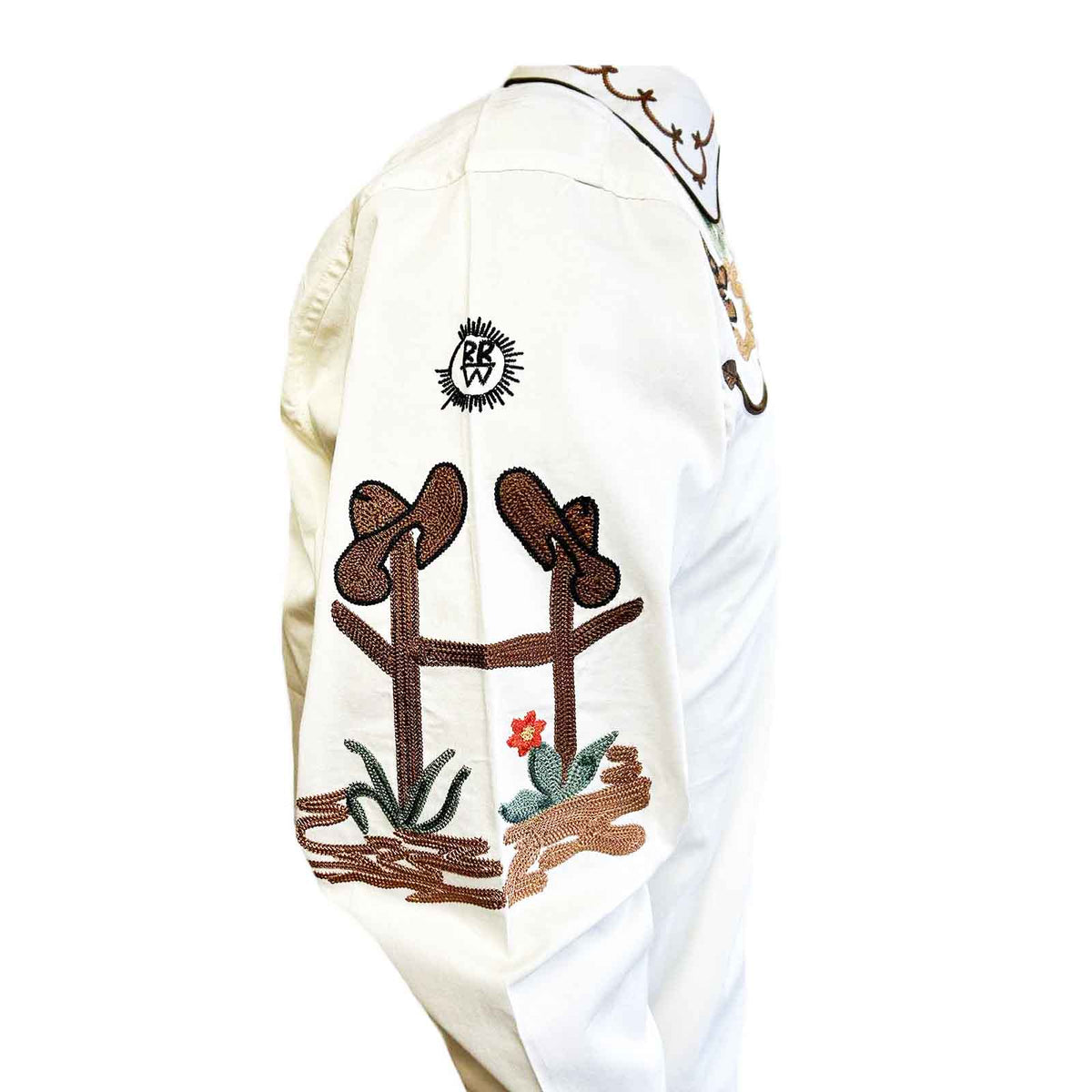 Men's Cactus & Cowboy Boots Embroidered Western Shirt in Ivory - Rockmount