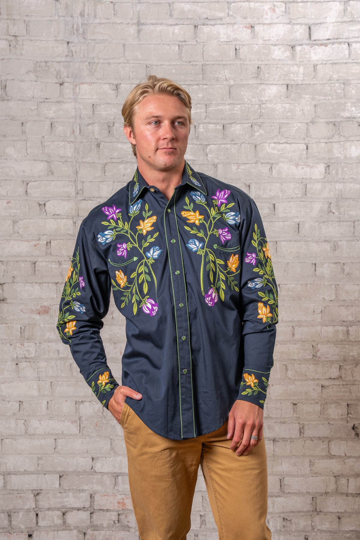 Men's Vintage Navy Floral Crochet Embroidered Western Shirt by Rockmount Ranch Wear, floral embroidered western shirt