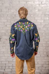Men's Vintage Navy Floral Crochet Embroidered Western Shirt Rockmount Ranch Wear with fringe floral embroidery