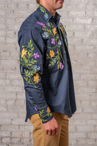 Men's Vintage Navy Floral Crochet Embroidered Western Shirt by Rockmount Ranch Wear with embroidered floral details