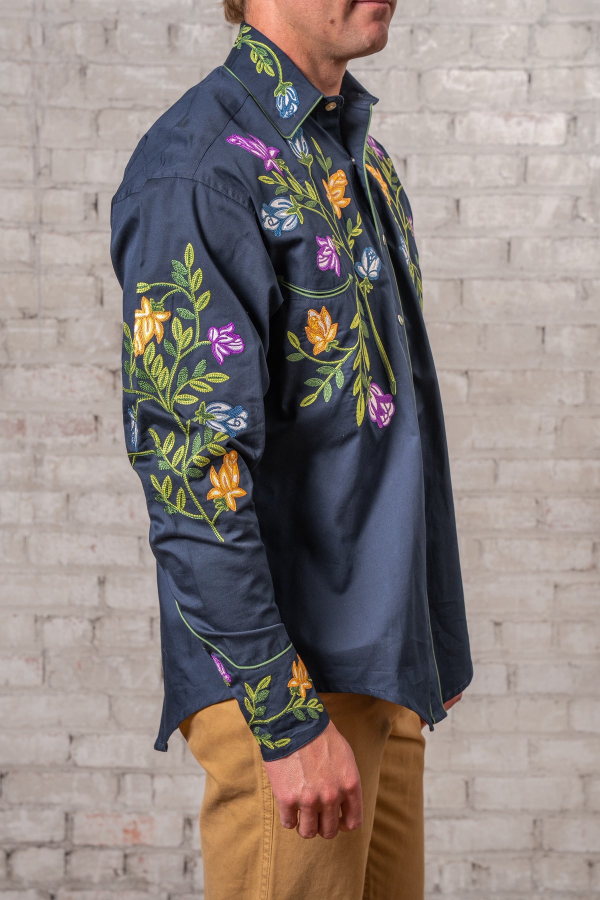Men's Vintage Navy Floral Crochet Embroidered Western Shirt by Rockmount Ranch Wear with embroidered floral details