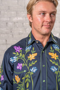 Men's Vintage Navy Floral Crochet Embroidered Western Shirt by Rockmount Ranch Wear, vintage western shirt with floral embroidery