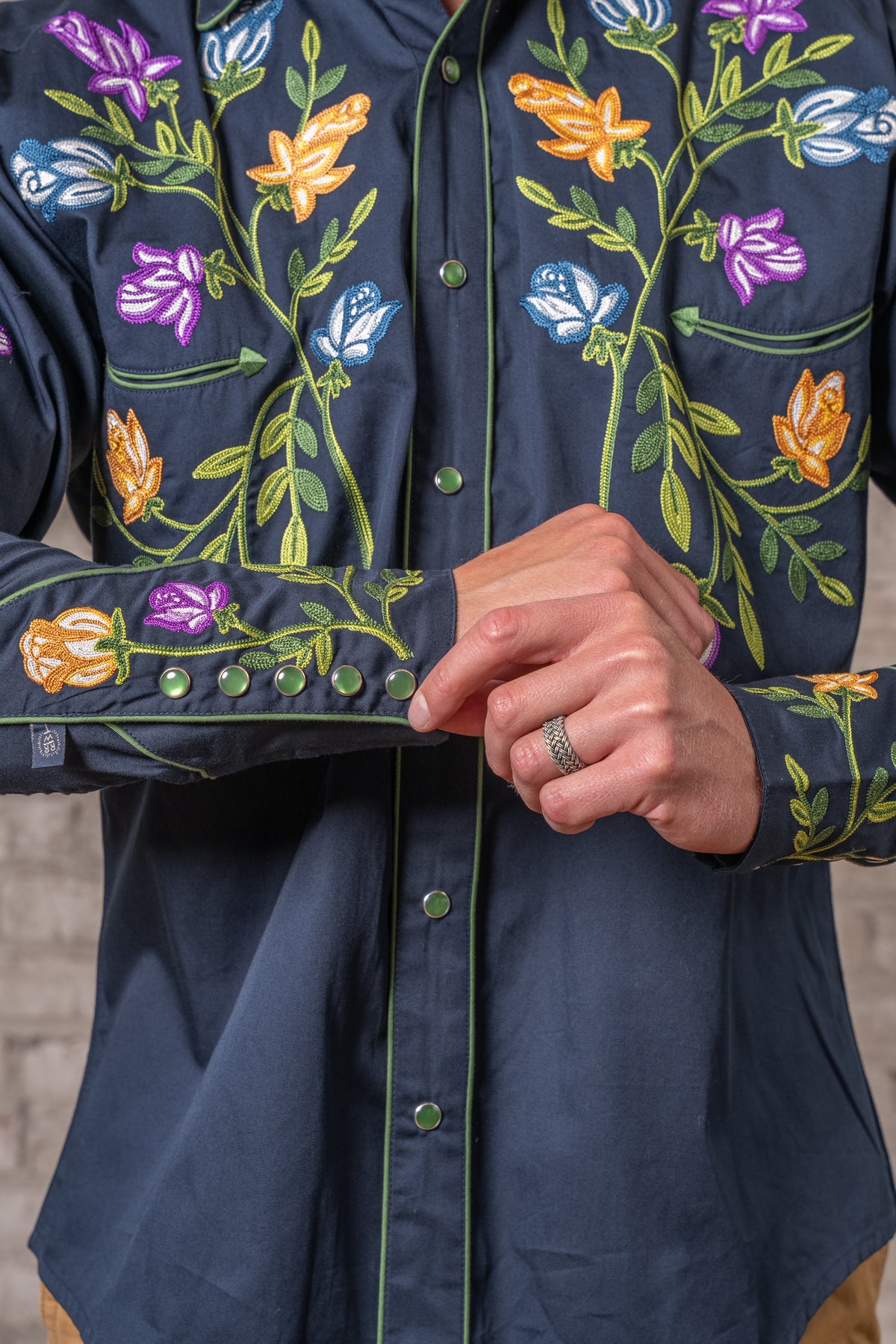Men's Vintage Navy Floral Crochet Embroidered Western Shirt by Rockmount Ranch Wear with embroidered floral snaps