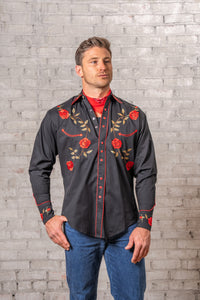 Men's Vintage Black Rose Embroidered Western Shirt by Rockmount Ranch Wear, vintage floral embroidery