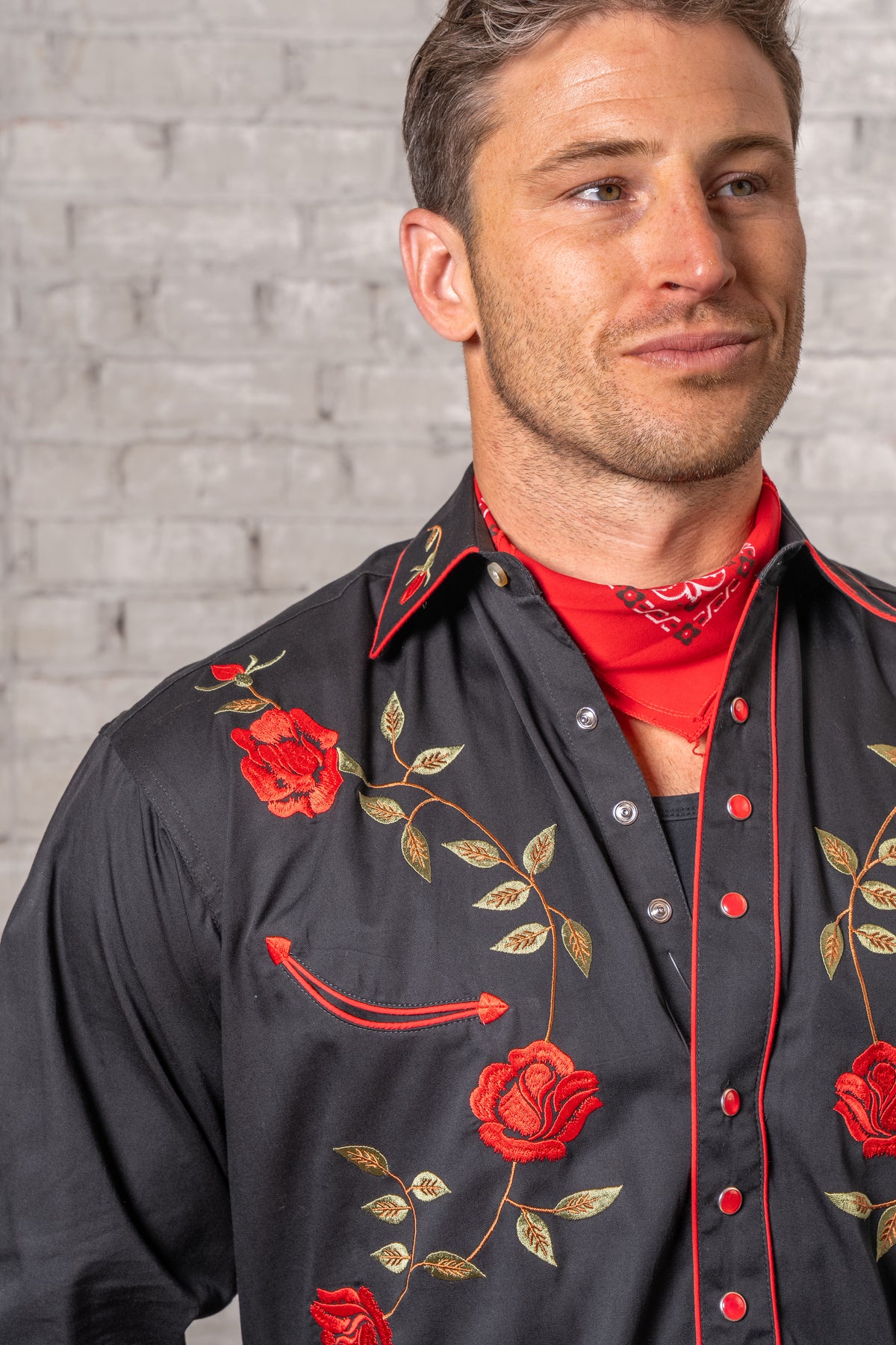 Men's Vintage Black Rose Embroidered Western Shirt by Rockmount Ranch Wear with floral embroidered vintage snap