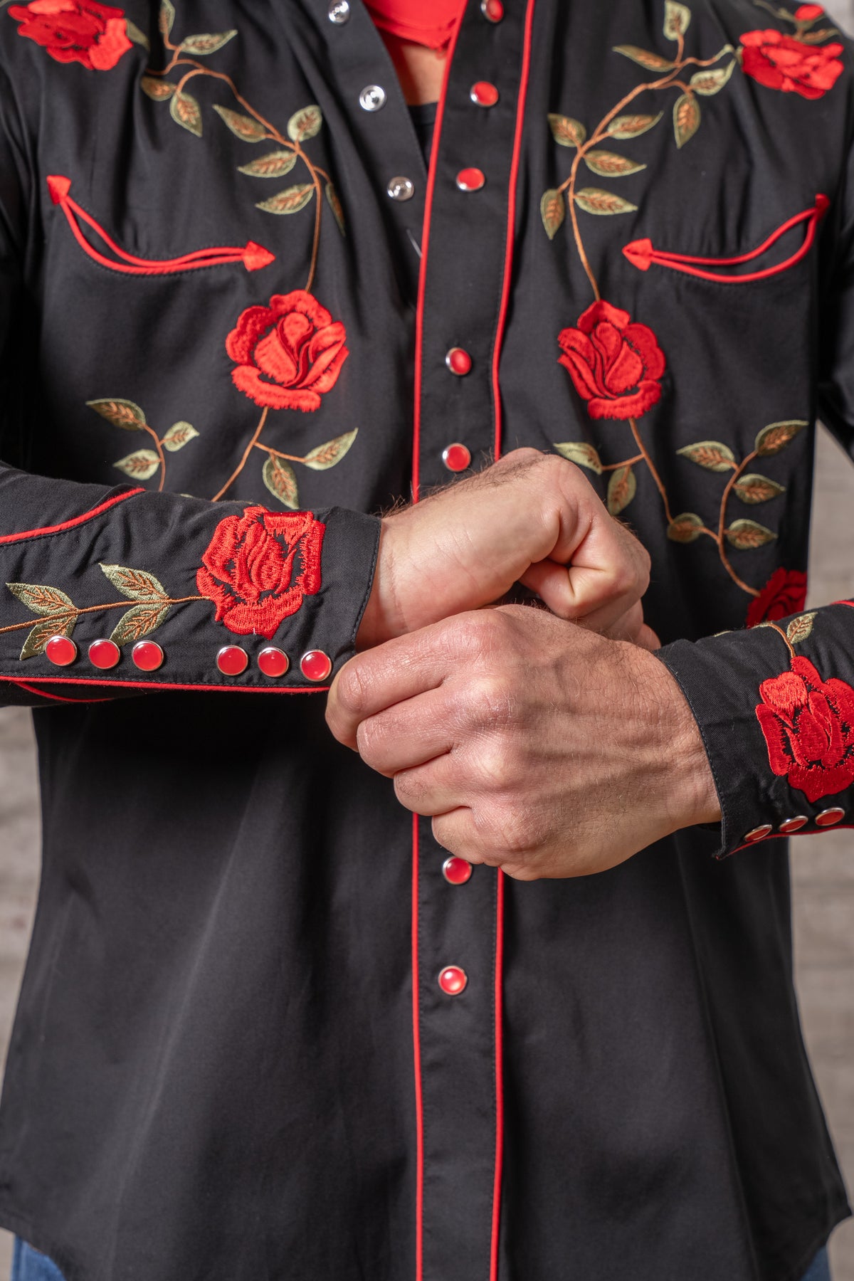 Men's Vintage Black Rose Embroidered Western Shirt by Rockmount Ranch Wear, vintage fringe embroidered floral