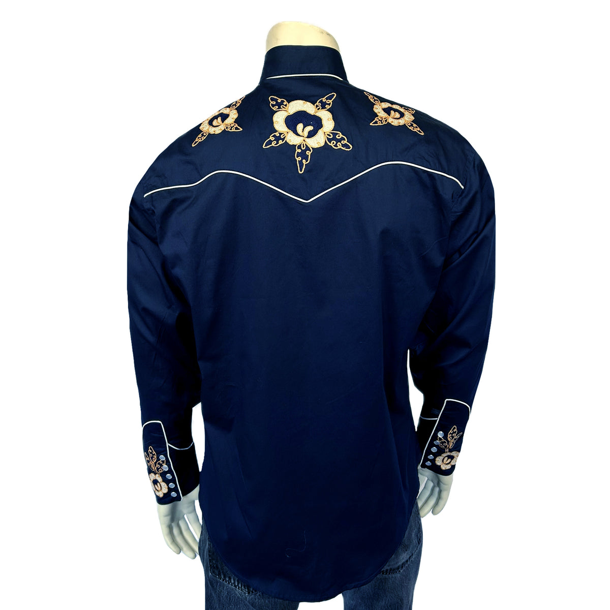 Men's Vintage Navy Floral Embroidered Western Shirt by Rockmount Ranch Wear with ornate floral embroidery