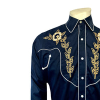 Men's Vintage Navy Floral Embroidered Western Shirt by Rockmount Ranch Wear with ornate floral embroidery