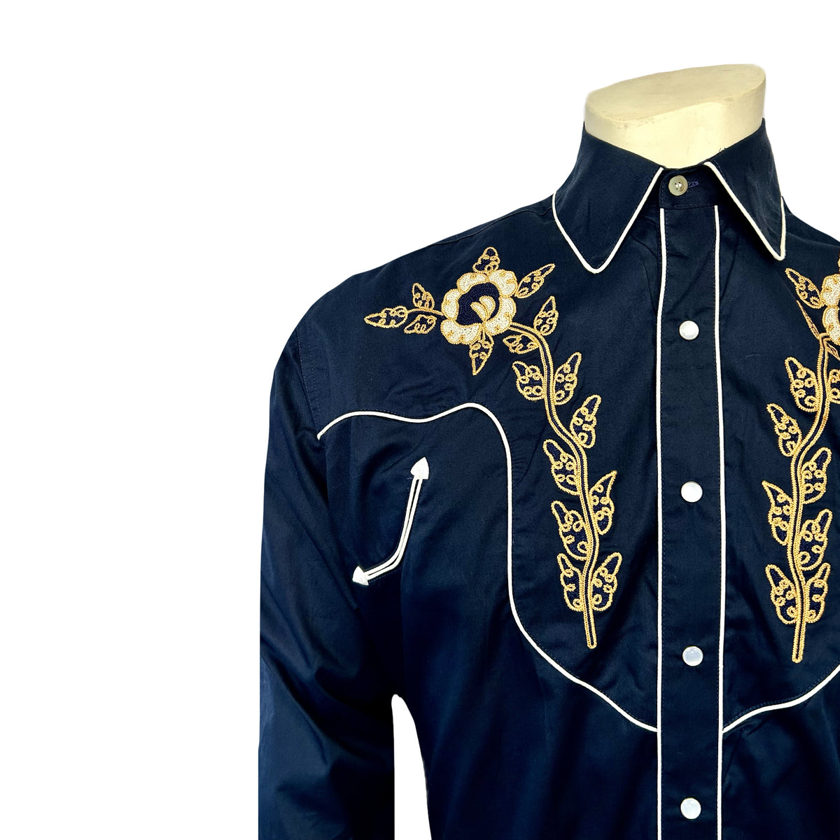 Men's Vintage Navy Floral Embroidered Western Shirt by Rockmount Ranch Wear with ornate floral embroidery