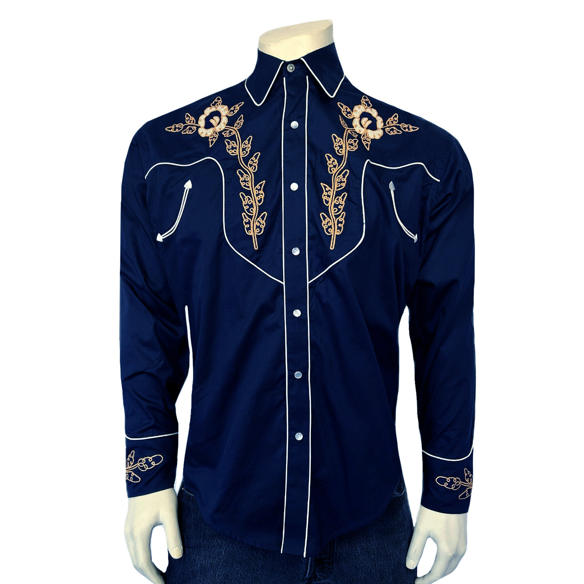 Men's Vintage Navy Floral Embroidered Western Shirt by Rockmount Ranch Wear with ornate floral embroidery