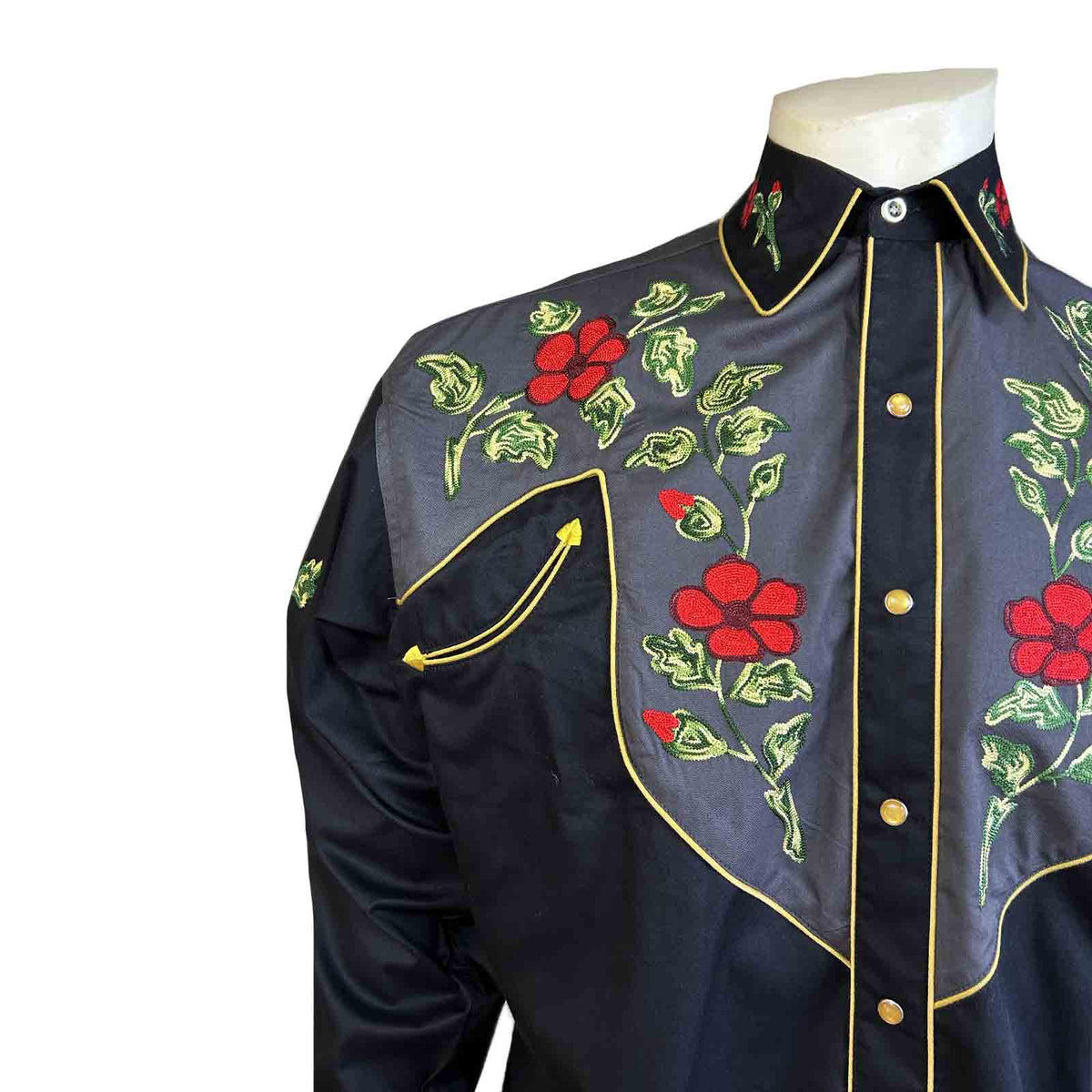 Men's Vintage 2-Tone Floral Embroidered Western Shirt in Black and Grey by Rockmount Ranch Wear with floral embroidery