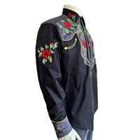 Men's Vintage 2 Tone Floral Embroidered Western Shirt Rockmount Ranch Wear in black with chenille floral embroidery