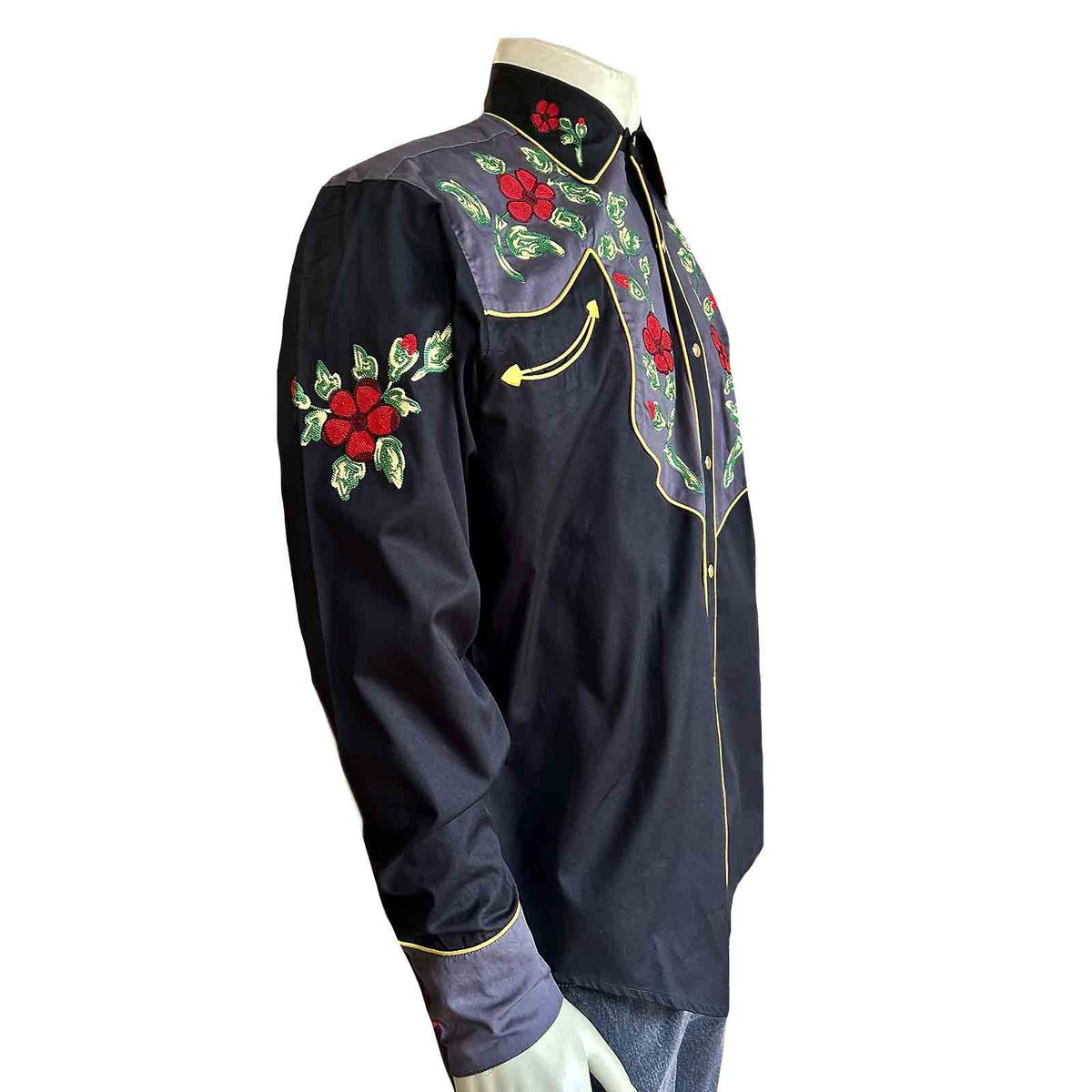 Men's Vintage 2 Tone Floral Embroidered Western Shirt Rockmount Ranch Wear in black with chenille floral embroidery