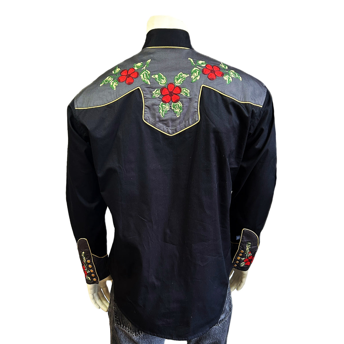 Men's Vintage 2-Tone Floral Embroidered Western Shirt in Black and Grey by Rockmount Ranch Wear, chenille floral embroidery