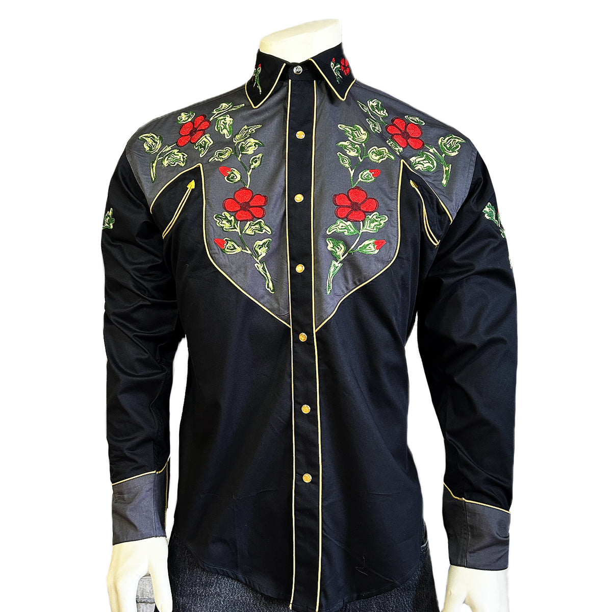 Men's Vintage 2-Tone Floral Embroidered Western Shirt in Black and Grey by Rockmount Ranch Wear