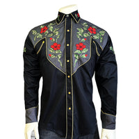 Men's Vintage 2-Tone Floral Embroidered Western Shirt in Black and Grey by Rockmount Ranch Wear