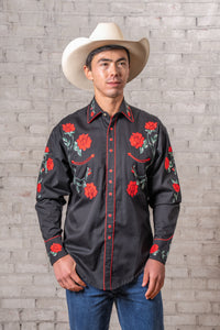 Men's Vintage Black Crochet Rose Floral Embroidered Western Shirt by Rockmount Ranch Wear, embroidered western shirt
