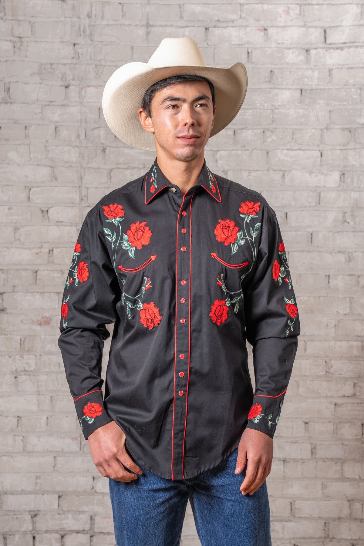 Men's Vintage Black Crochet Rose Floral Embroidered Western Shirt by Rockmount Ranch Wear, embroidered western shirt