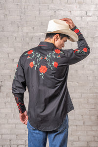 Men's Vintage Black Crochet Rose Floral Embroidered Western Shirt by Rockmount Ranch Wear with floral embroidery