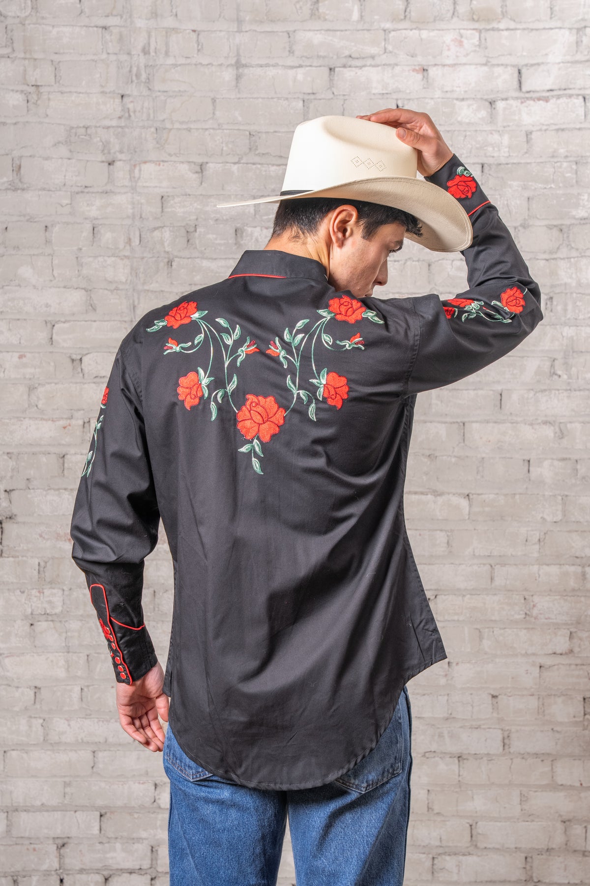 Men's Vintage Black Crochet Rose Floral Embroidered Western Shirt by Rockmount Ranch Wear with floral embroidery