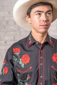 Men's Vintage Black Crochet Rose Floral Embroidered Western Shirt by Rockmount Ranch Wear with embroidered floral roses