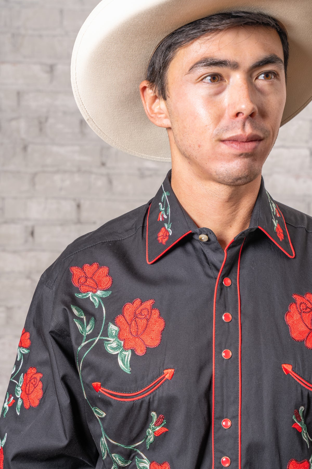 Men's Vintage Black Crochet Rose Floral Embroidered Western Shirt by Rockmount Ranch Wear with embroidered floral roses
