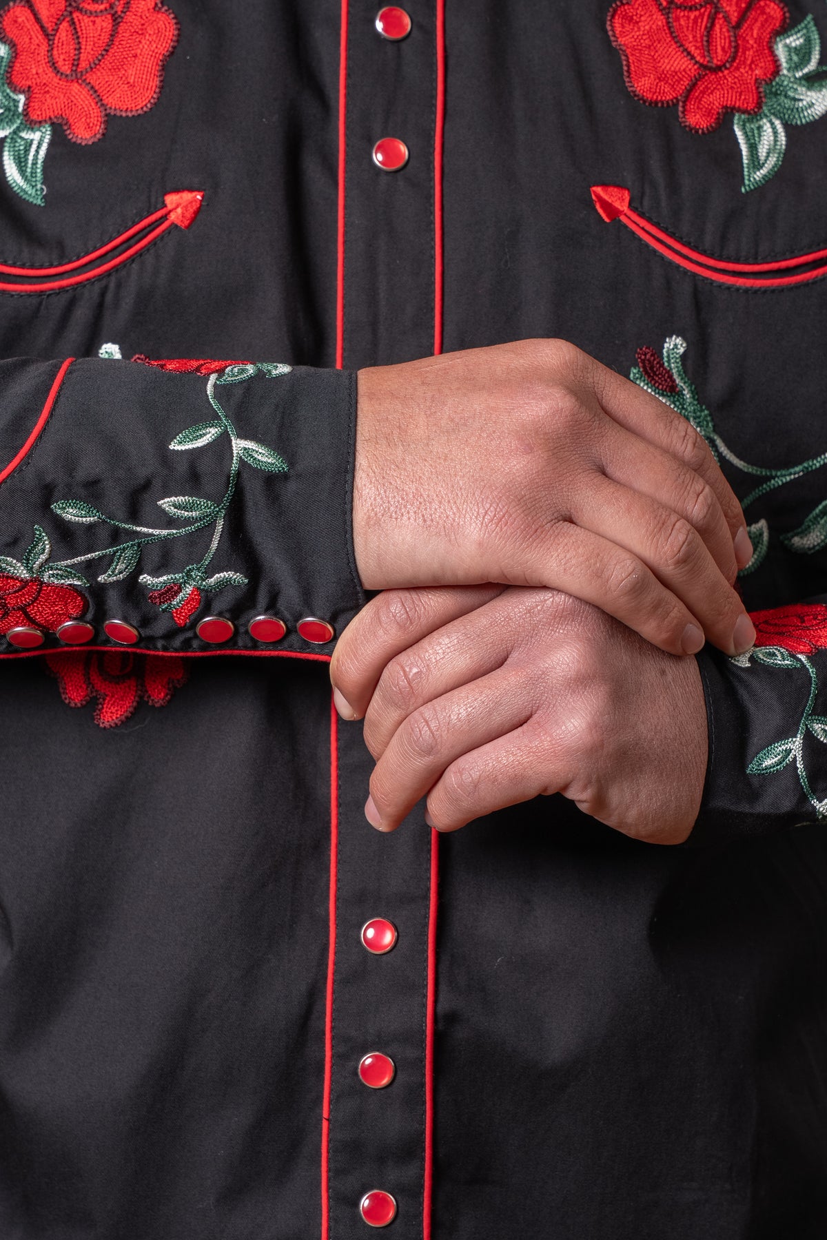 Men's Vintage Black Crochet Rose Floral Embroidered Western Shirt by Rockmount Ranch Wear with fringe