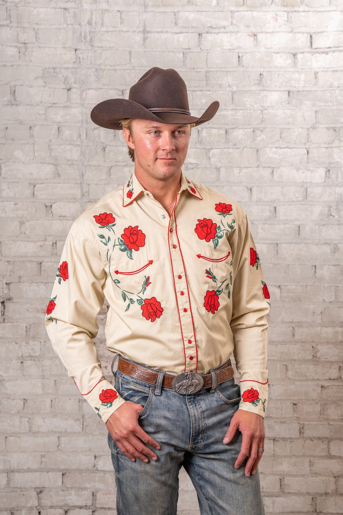 Men's Vintage Khaki Crochet Rose Embroidered Western Shirt by Rockmount Ranch Wear with floral embroidery
