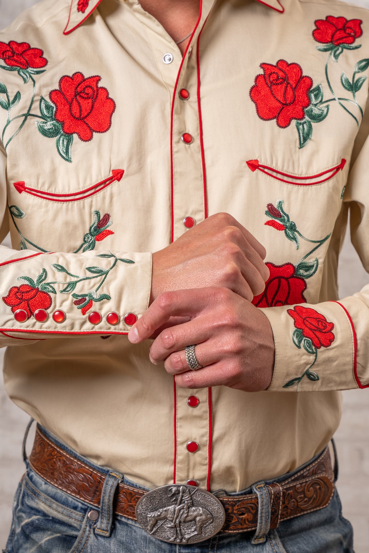 Men's Vintage Khaki Crochet Rose Embroidered Western Shirt by Rockmount Ranch Wear with floral embroidery and snap front