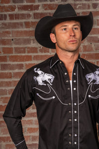 Men's Vintage Bronc Embroidered Western Shirt by Rockmount Ranch Wear in black with white western embroidery
