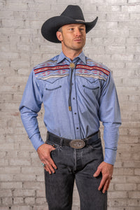 Men's Blue Serape Chambray Embroidered Western Shirt by Rockmount Ranch Wear with embroidered western shirt vintage fringe