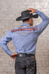 Men's Blue Serape Chambray Embroidered Western Shirt by Rockmount Ranch Wear, denim western shirt with embroidered serape