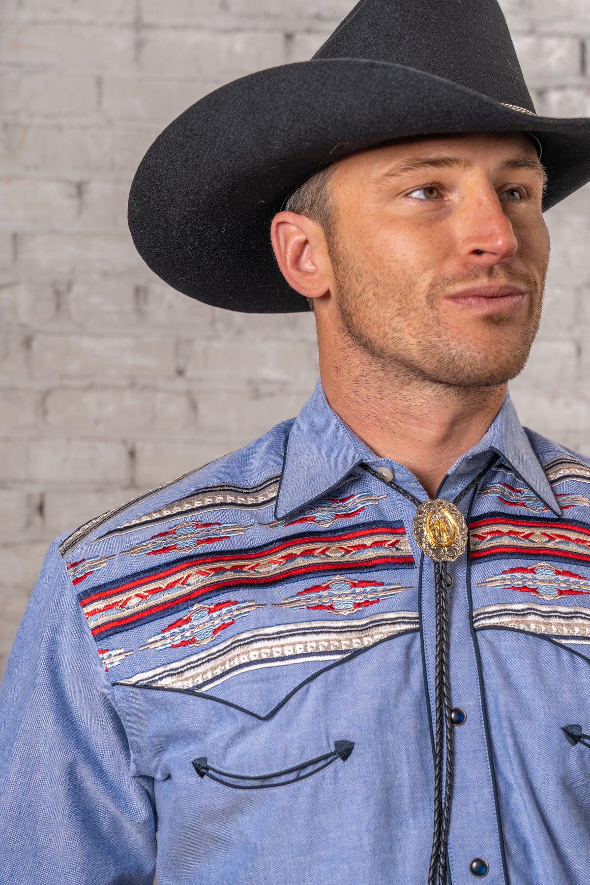 Men's Blue Serape Chambray Embroidered Western Shirt by Rockmount Ranch Wear with embroidered western shirt style