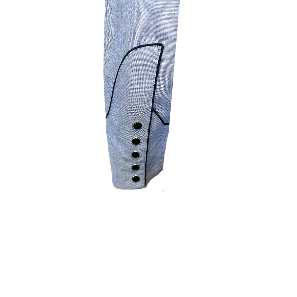 Men's Blue Serape Chambray Embroidered Western Shirt by Rockmount Ranch Wear in denim with snap button cuffs