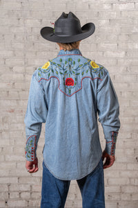 Men's Vintage Denim Floral Embroidered Western Shirt by Rockmount Ranch Wear in stonewash denim with floral embroidery
