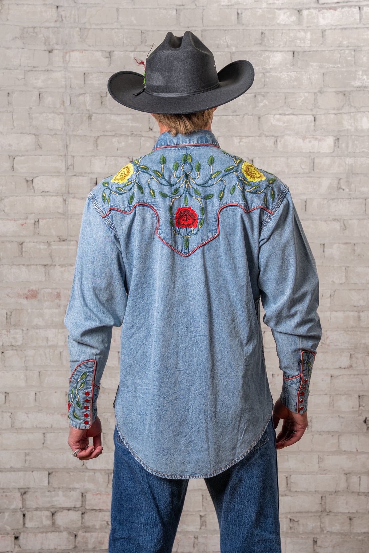 Men's Vintage Denim Floral Embroidered Western Shirt by Rockmount Ranch Wear in stonewash denim with floral embroidery