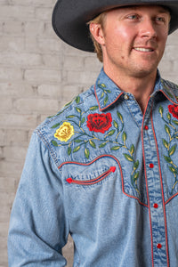 Men's Vintage Denim Floral Embroidered Western Shirt by Rockmount Ranch Wear with fringe and cactus embroidery